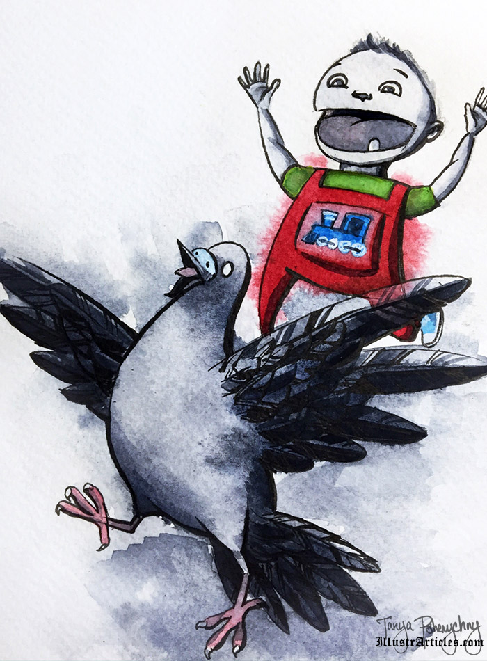 Toddler chasing a pigeon